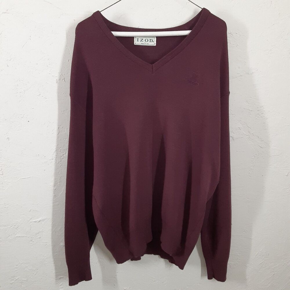 Vintage IZOD Sweater Large Maroon V-Neck Acrylic Pullover Men's Made in USA